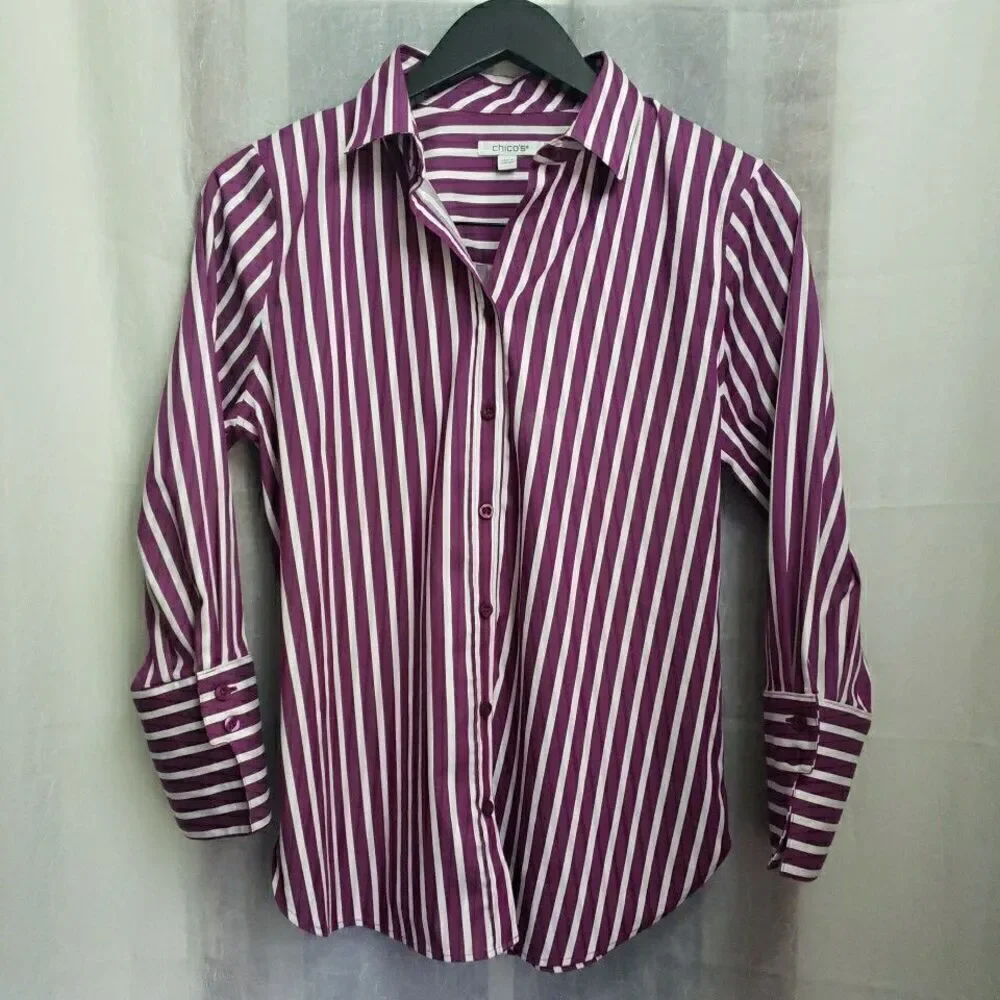Chico's Women Striped Long Sleeve Button-Up Shirt Multicolor Size 0 US S